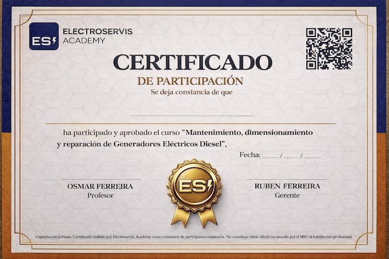 Certificado de participación del Curso de Mantenimiento de Generadores Eléctricos Diésel
